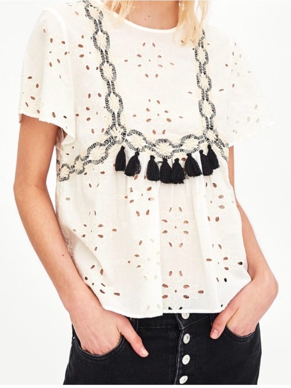 Zara Eyelet Embroidered Tassel Blouse XS | Boho White Cotton Top